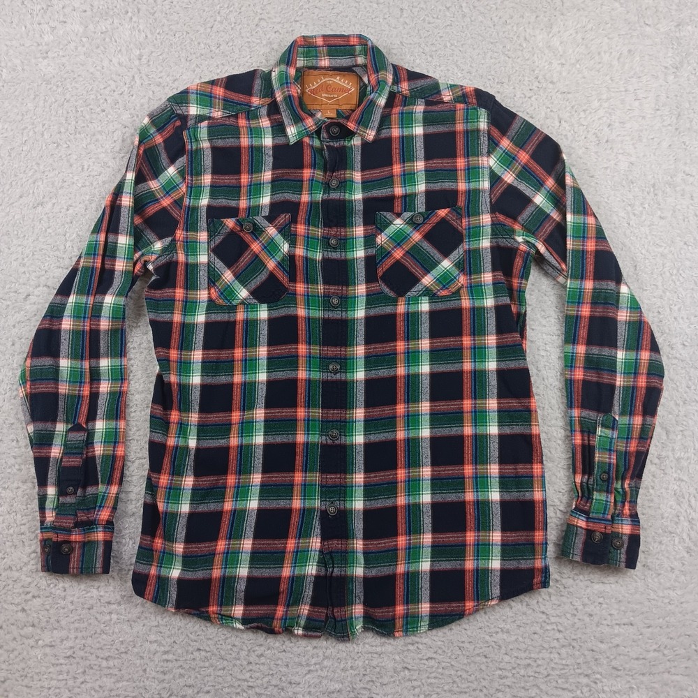 Red Camel Flannel Shirt Mens L Green Navy Orange Plaid Long Sleeve Button Down